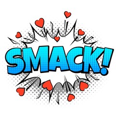 Comic word smack. Vintage cartoon pop vintage speech bubble with halftone dotted shadow and hearts. Sound effect in blue colors on dotted background, short phrase vector isolated illustration