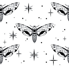 Line art seamless pattern with moth, geometric stars. 