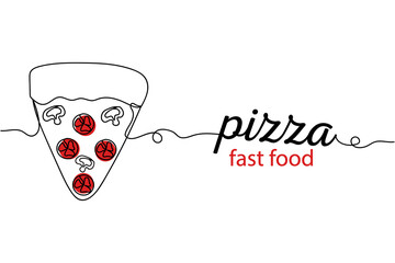 Continuous one line of abstract slice pizza. Minimal style. Perfect for cards, party invitations, posters, stickers, clothing. Fast food concept