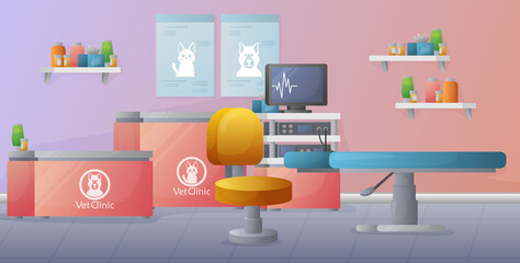 Vet clinic admission office. Colorful illustration of pet clinic. Animal hospital with medical treatment and furniture for pets.