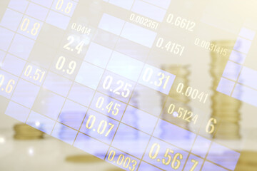 Abstract virtual analytics data spreadsheet on coins background, analytics and analysis concept. Multiexposure