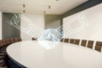 Abstract virtual blockchain technology hologram with handshake on a modern conference room background. Digital money transfers and decentralization concept. Multiexposure