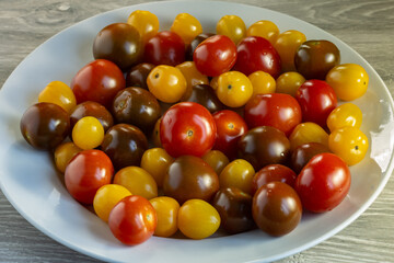 Multicolored tomatoes of different varieties in a dish. Fashionable vegan food.