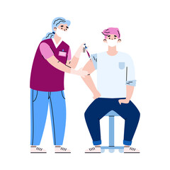 Doctor in mask and gloves giving injection coronavirus vaccine to man patient