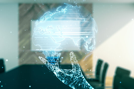 Multi exposure of abstract graphic world map hologram on a modern furnished office interior background, connection and communication concept