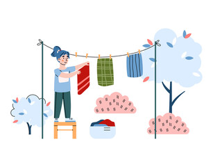 Child hangs up the washed laundry outdoors, cartoon vector illustration isolated.