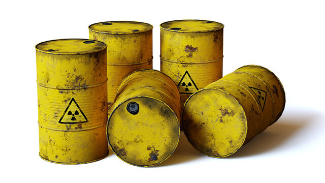 radioactive waste in barrels, isolated with shadow on white background