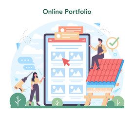 Naklejka premium Roof construction worker online service or platform. Building fixing