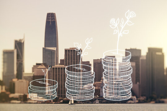 Virtual money savings sketch on San Francisco office buildings background, accumulation and growth of money concept. Double exposure