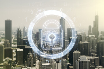 Virtual creative lock illustration with microcircuit on Chicago cityscape background, cyber security concept. Multiexposure