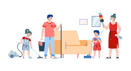 Family cleaning living room together, flat cartoon vector illustration isolated.