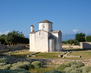 Fototapeta na wymiar Church of Holy Cross in historical town Nin, North Dalmatia in Croatia. Famous historic travel landmark.