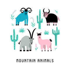Set of mountain wild animals and plants in flat style. Childish vector illustration with lama, goat, argali, yak on white background