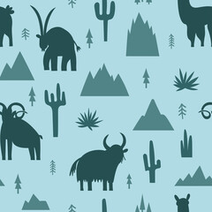 Monochrome seamless pattern with mountain animals: rams, lamas, goats, yaks. Childish flat vector background
