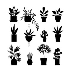 Set of simple black houseplants on white background. Vector flat illustration with indoor plants contours