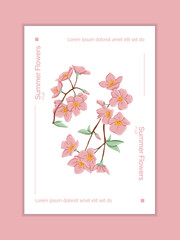 Fresh pink flowers on branch with leaves card template. Vector hand drawn illustration of spring flowers.