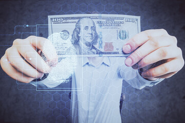 Multi exposure of fingerprint drawing hologram and USA dollars bills and man hands. security concept.