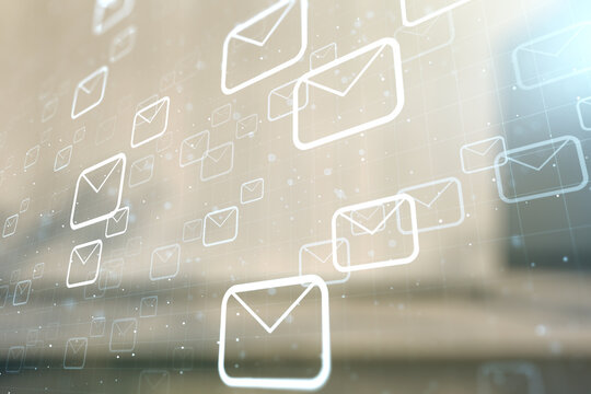 Abstract virtual postal envelopes sketch on contemporary business center exterior background, e-mail and marketing concept. Double exposure