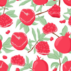 Pomegranate fruits on branch with leaves vector hand drawn seamless pat. Fresh pomegranate for cosmetics, wedding, spa, juice or invitation card design. Ripe tropical exotic fruit.