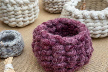 Handmade crocheted sheep wool baskets