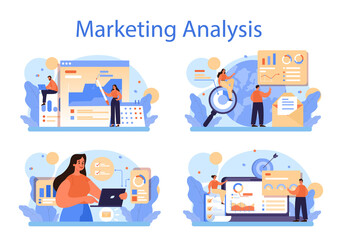 Marketing analysis concept set. Market research and data processing