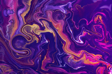 Abstract fluid art background navy blue and purple color. Liquid marble. Acrylic painting with golden lines and gradient