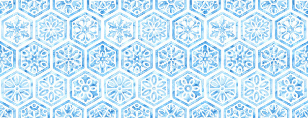 Seamless moroccan pattern. Hexagon vintage tile. Blue and white watercolor ornament painted with paint on paper. Handmade. Print for textiles. Seth grunge texture. - 423718743