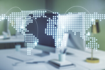 Abstract creative world map with connections on modern laptop background, international trading concept. Multiexposure