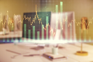 Multi exposure of abstract financial diagram on computer background, banking and accounting concept