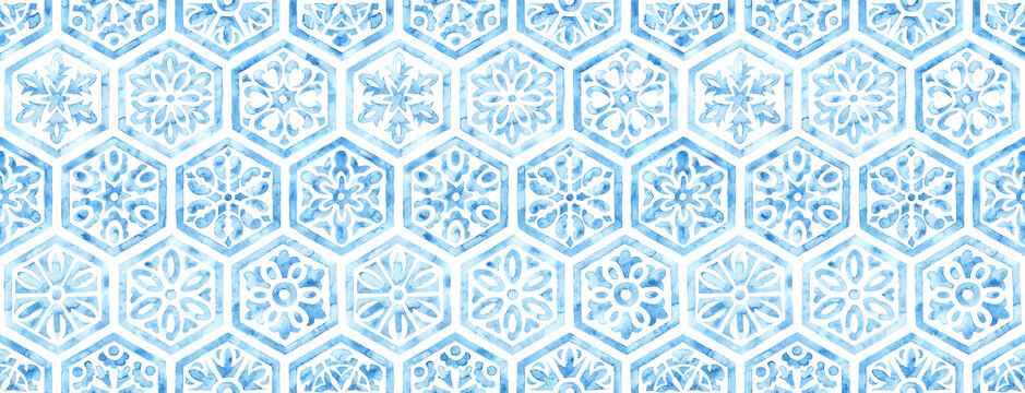 Seamless moroccan pattern. Hexagon vintage tile. Blue and white watercolor ornament painted with paint on paper. Handmade. Print for textiles. Seth grunge texture.