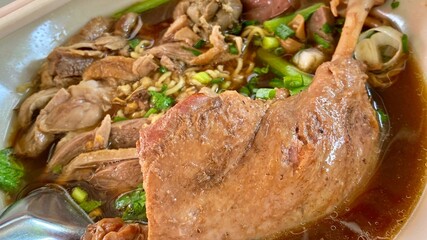 Thai style duck noodle soup. selective focus