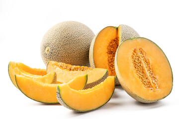 Close up of beautiful slices cantaloupe isolated on white background.