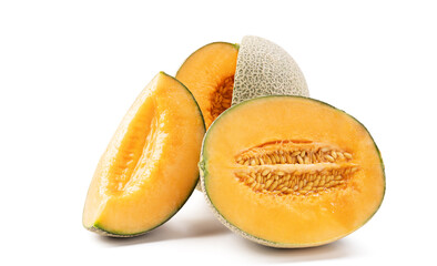 Close up of beautiful slices cantaloupe isolated on white background.