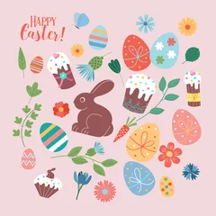 Fototapeten Happy Easter. Vector set of cute illustration. Painted eggs, rabbits, flowers, a basket, a chocolate hare, cakes. Design elements for card, poster, flyer and other use. © katedemian