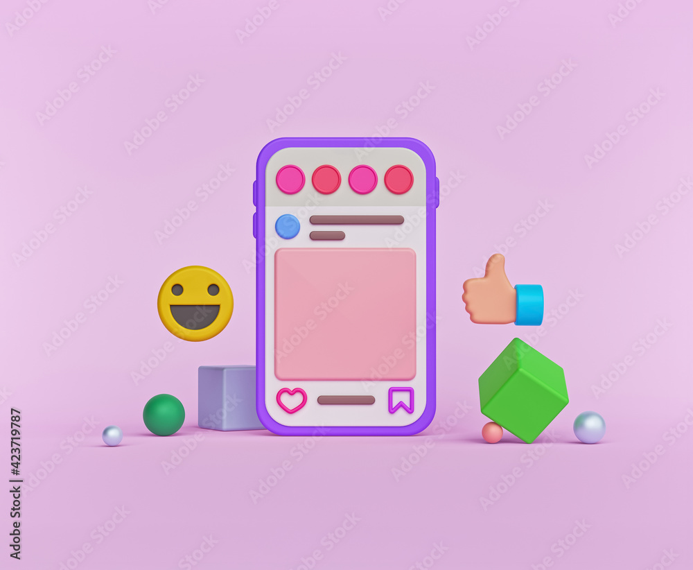 Wall mural smartphone and social media post. minimal concept. mobile app interface. 3d rendering