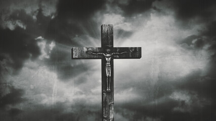 Jesus Christ crucified at Golgotha hill outside ancient Jerusalem. The crucifixion of Christ with stormy clouds in the sky. Vintage film look