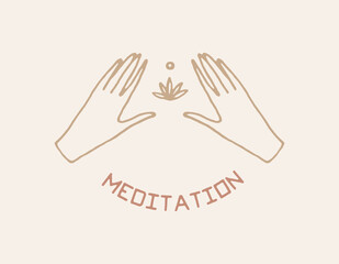 Hands with lotos, linear style. Vector logo