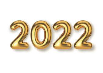 Happy New Year 2022. Background realistic golden text balloons. Horizontal template for products, advertizing, web banners, leaflets, certificates and postcards. Vector illustration.