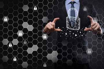 Cyber security network. Padlock icon and internet technology networking. Businessman protecting...