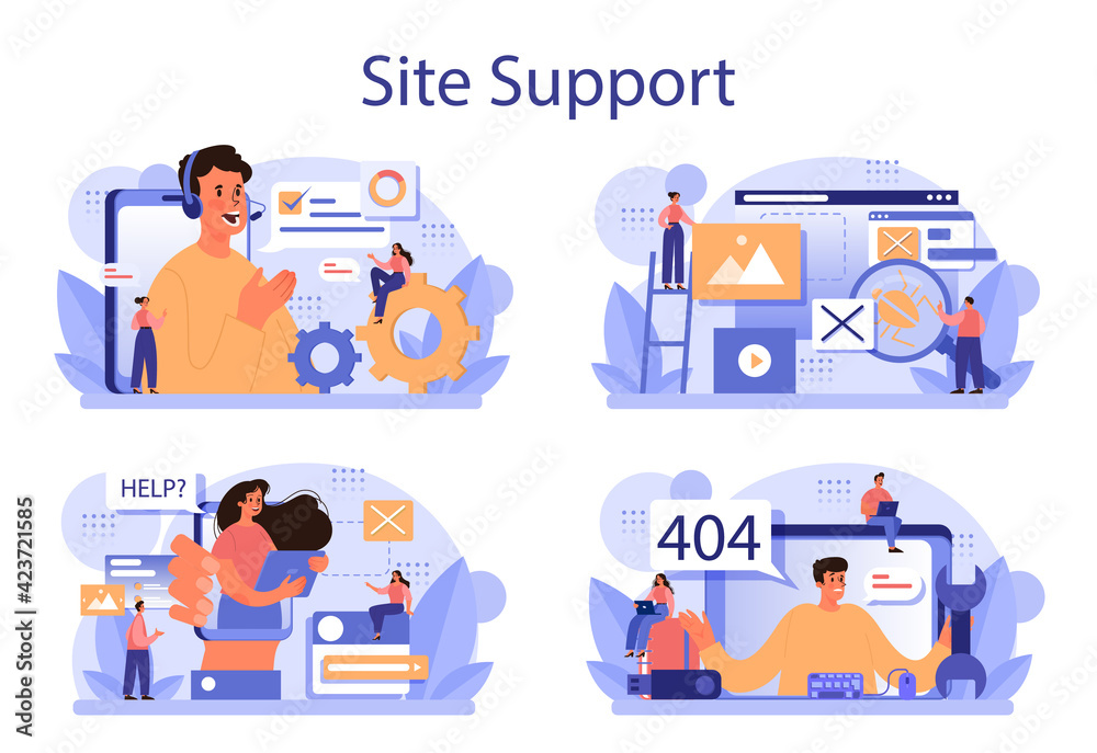 Sticker website technical support concept set. idea of web page diagnostic