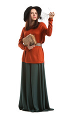Fototapeta premium Female fortune teller with book on white background