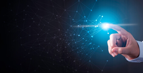Hand touching modern interface digital transformation and metaverse concept. Connection next generation technology and new era of innovation.