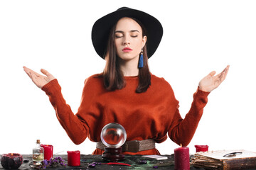 Female fortune teller on white background
