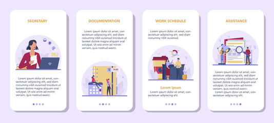 Secretary mobile application banner set. Receptionist answering calls