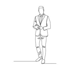Continuous line drawing of young happy male worker standing while write business note from mentor on paper at clipboard. One single line businessman workshop concept. vector illustration