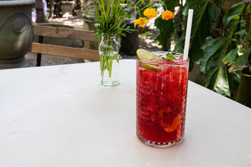 Mixed Berries Soda topped with a slice of Lemon