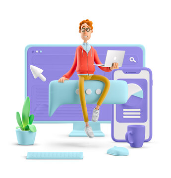 3d illustration. Nerd Larry with interface. Social media concept.