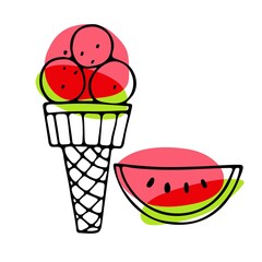 Watermelon Ice Cream cone. Red fruit piece with ice cream ball in waffle cone. Hand drawn sketch with bright red, green backdrop. Delicious frozen dessert. Bright summertime sweet food. Vector doodle.