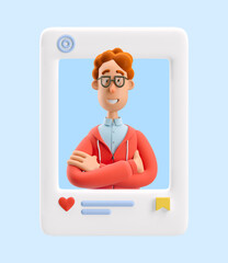 3d illustration. Social media concept. Nerd Larry standing with hands crossed. 