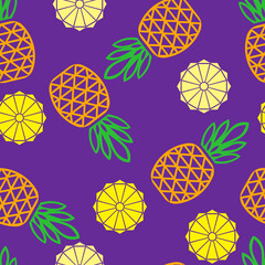 Seamless pattern with pineapples. Fruit colorful background. Vector illustration for postcards, fabrics, backgrounds, napkins, wallpapers, wrapping paper, stickers, prints, etc.